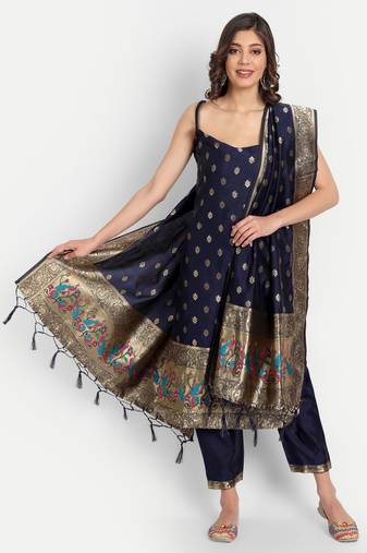 Blue embroidered cotton silk jacquard salwar suit