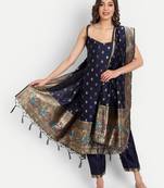 Blue embroidered cotton silk jacquard salwar suit