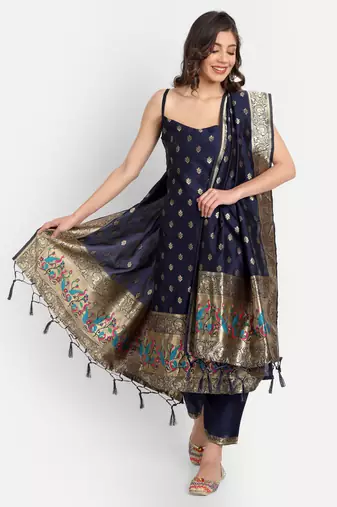Blue embroidered cotton silk jacquard salwar suit