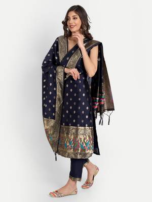 Blue embroidered cotton silk jacquard salwar suit 4