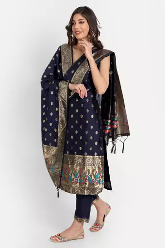 Blue embroidered cotton silk jacquard salwar suit