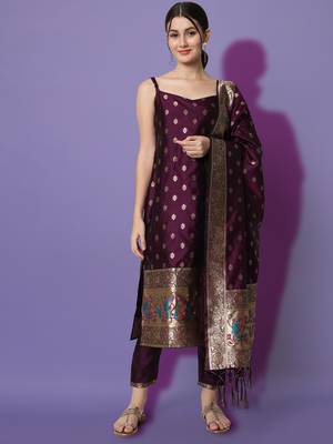 Purple embroidered cotton silk jacquard salwar suit 1