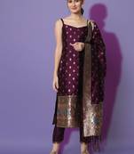 Purple embroidered cotton silk jacquard salwar suit