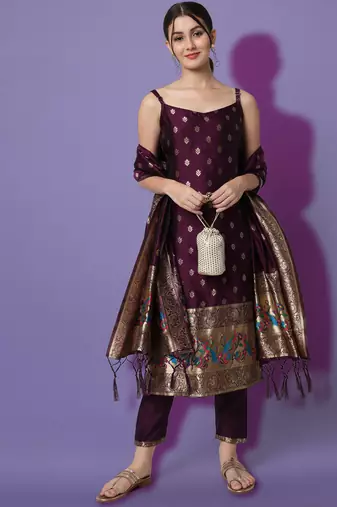 Purple embroidered cotton silk jacquard salwar suit