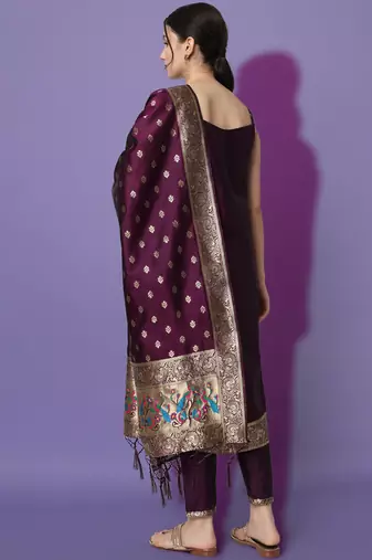 Purple embroidered cotton silk jacquard salwar suit