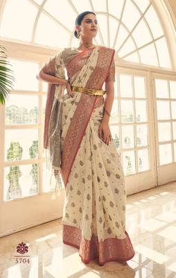 Cream Color Soft Silk Blend Designer Motif Saree 1