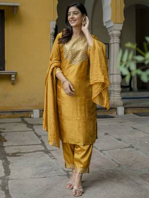 Mustard embroidered cotton silk blend salwar suit 1