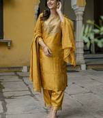 Mustard embroidered cotton silk blend salwar suit