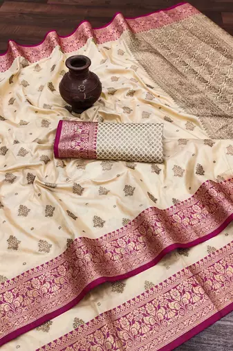 Cream Color Soft Silk Blend Designer Motif Saree