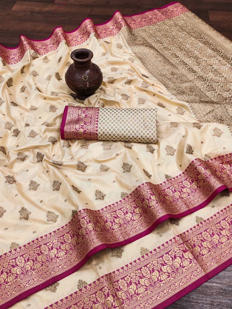 Cream Color Soft Silk Blend Designer Motif Saree