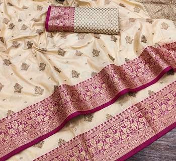 Cream Color Soft Silk Blend Designer Motif Saree 3