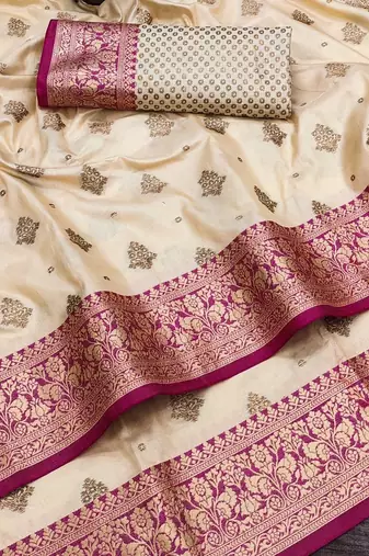 Cream Color Soft Silk Blend Designer Motif Saree