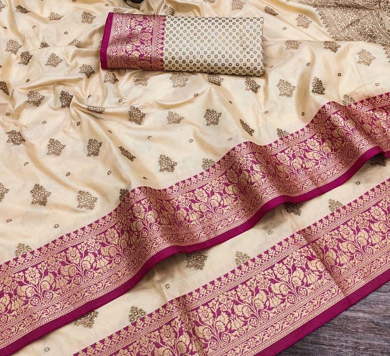 Cream Color Soft Silk Blend Designer Motif Saree