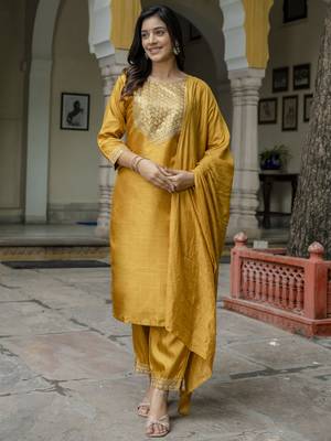Mustard embroidered cotton silk blend salwar suit 2