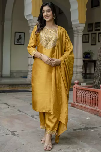 Mustard embroidered cotton silk blend salwar suit