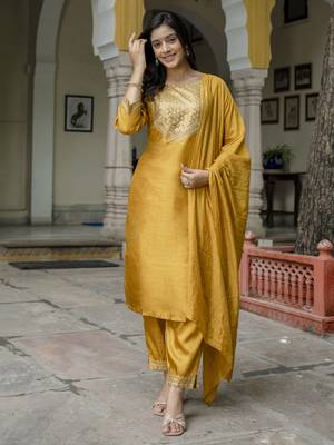 Mustard embroidered cotton silk blend salwar suit 3