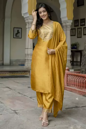 Mustard embroidered cotton silk blend salwar suit