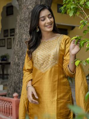 Mustard embroidered cotton silk blend salwar suit 4