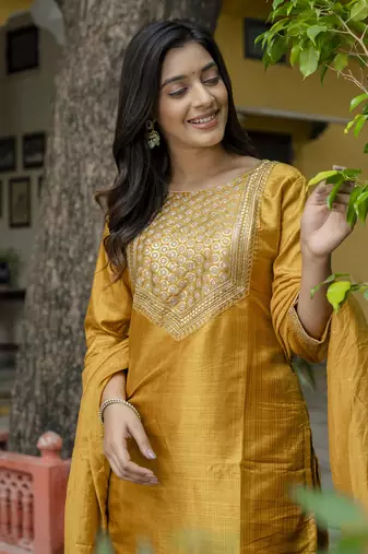 Mustard embroidered cotton silk blend salwar suit