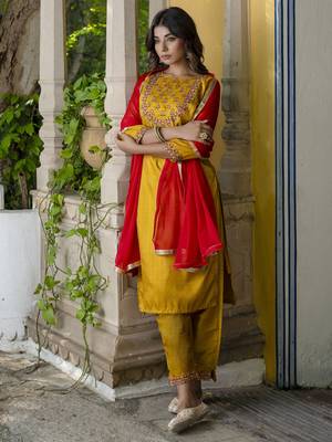 Mustard embroidered cotton silk blend salwar suit 1