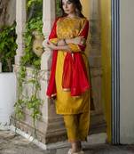 Mustard embroidered cotton silk blend salwar suit