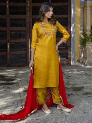 Mustard embroidered cotton silk blend salwar suit 2