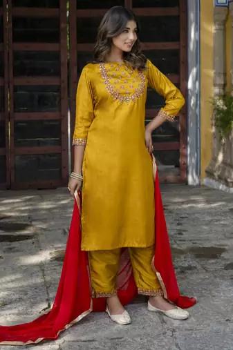Mustard embroidered cotton silk blend salwar suit
