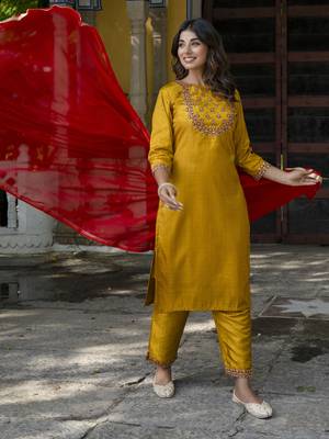 Mustard embroidered cotton silk blend salwar suit 3
