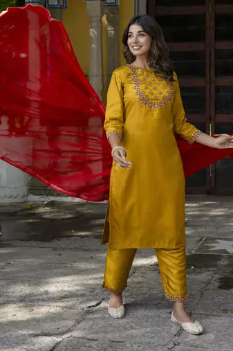 Mustard embroidered cotton silk blend salwar suit