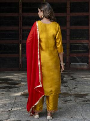 Mustard embroidered cotton silk blend salwar suit 4