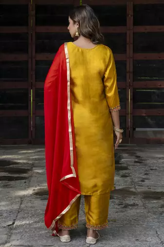 Mustard embroidered cotton silk blend salwar suit