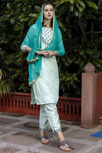 Blue embroidered cotton silk blend salwar suit