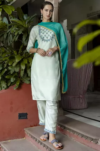 Blue embroidered cotton silk blend salwar suit