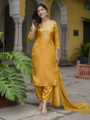 Mustard embroidered silk blend salwar suit 2
