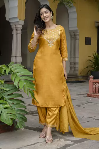 Mustard embroidered silk blend salwar suit