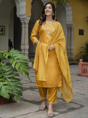 Mustard embroidered silk blend salwar suit 3