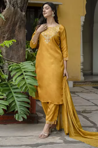Mustard embroidered silk blend salwar suit