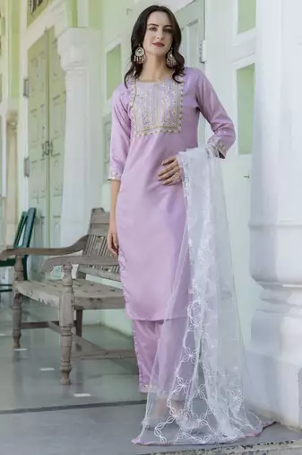 Lavender embroidered silk blend salwar suit