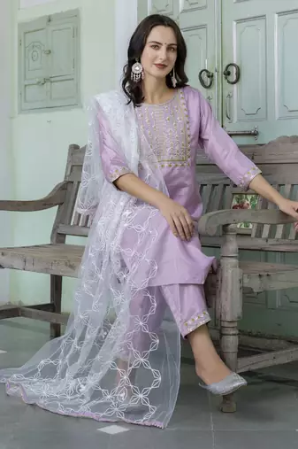 Lavender embroidered silk blend salwar suit