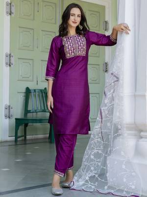 Purple embroidered silk blend salwar suit 1