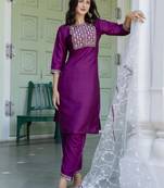 Purple embroidered silk blend salwar suit