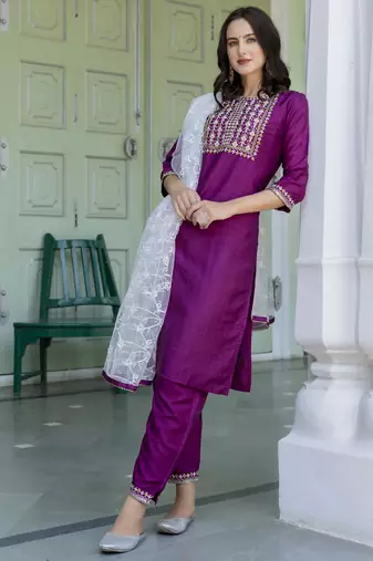 Purple embroidered silk blend salwar suit
