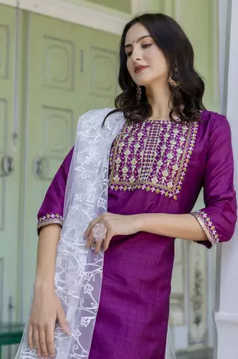 Purple embroidered silk blend salwar suit