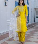 Yellow embroidered silk blend salwar suit