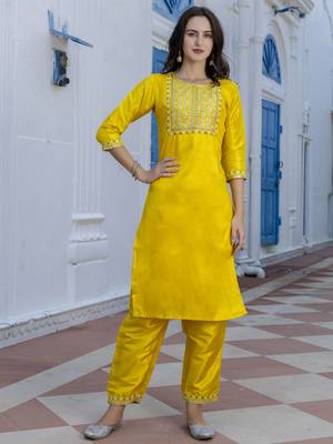 Yellow embroidered silk blend salwar suit 2