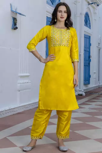 Yellow embroidered silk blend salwar suit