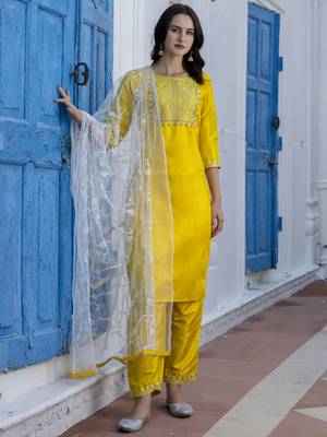 Yellow embroidered silk blend salwar suit 3