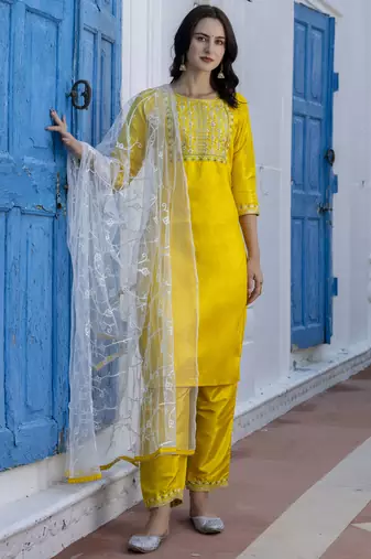 Yellow embroidered silk blend salwar suit