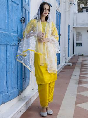 Yellow embroidered silk blend salwar suit 4