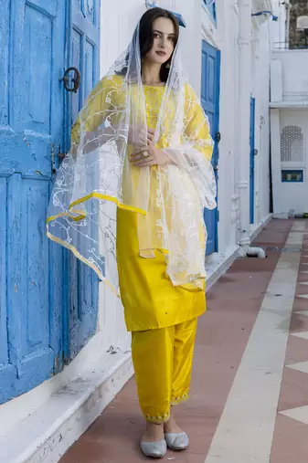 Yellow embroidered silk blend salwar suit